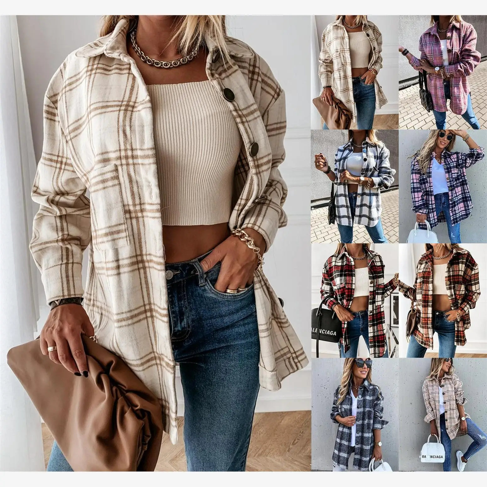 

Women's Faion Loose Casual Retro Plaid Long irt Casual Outerwear Button Sve Length Long Winter Season Other Material