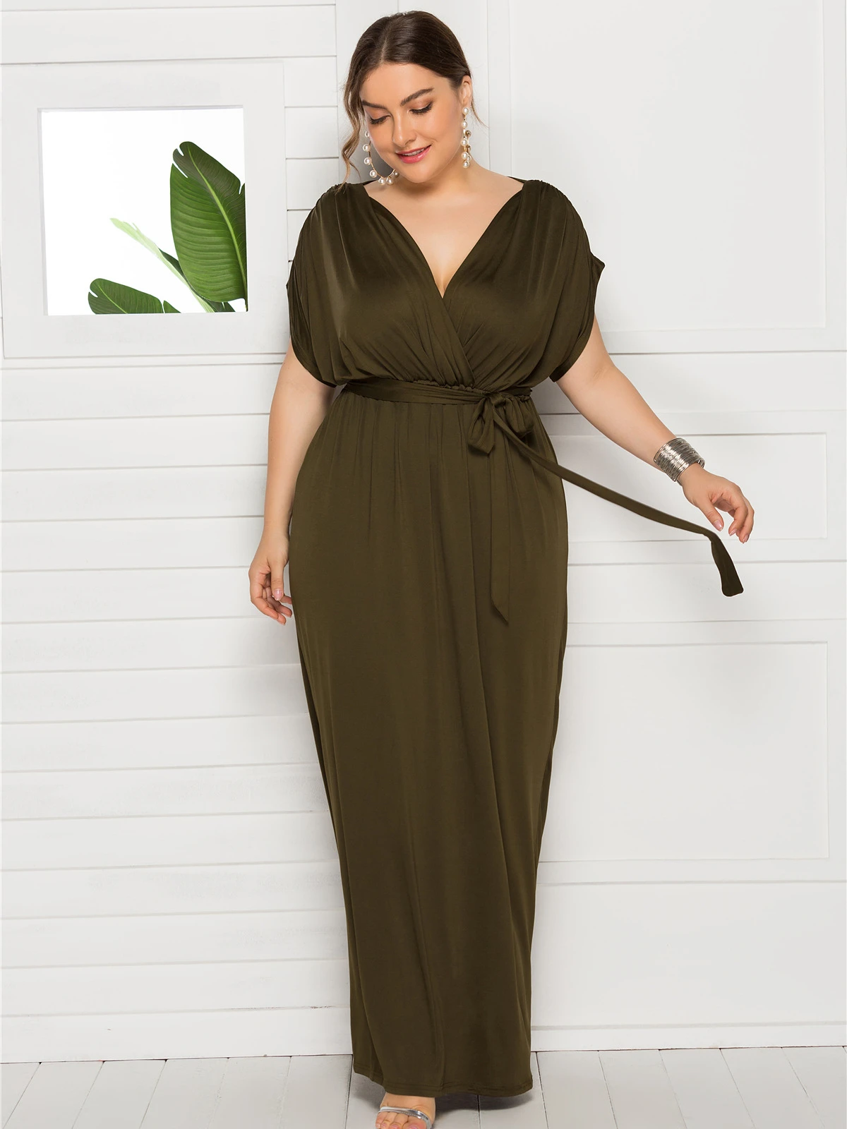 Plus Size Women Maxi Dress Elegant Short Sleeve V-neck Frock Loose Fit Summer Chic Casual Solid Color Ladies Long Skirt 2024