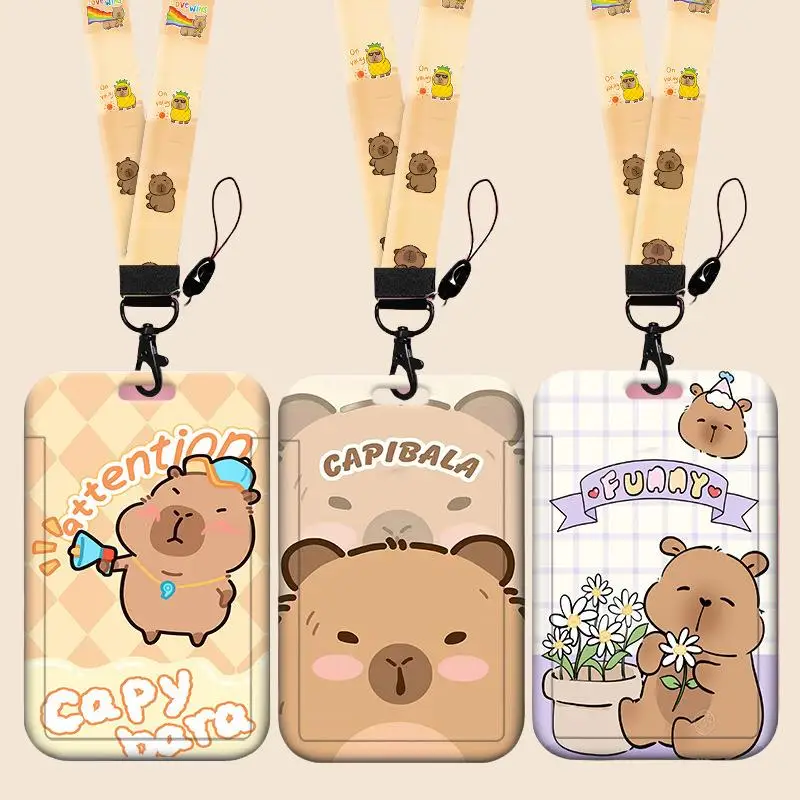 Cartoon Capybara Lanyard Sleeve ID Bus Subway Access Work Permit Kawaii Neck Strap Hang Rope Lariat Kids Chain Key Holder Cover