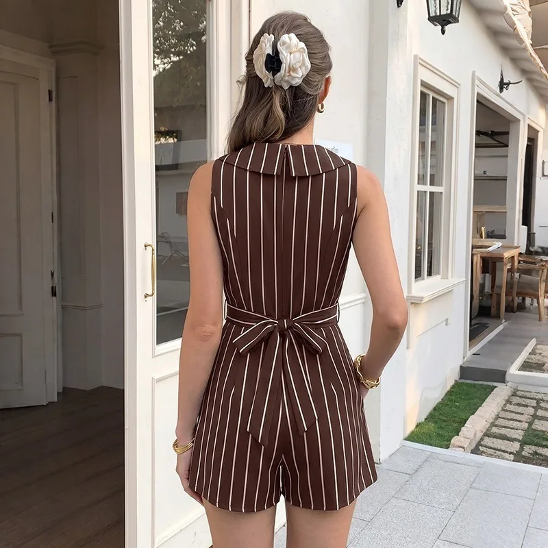 2026 Summer Women Striped Sleeveless V Neck Jumpsuits Elegant Mature Style Casual Short Jumpsuit Ladies One Piece Shorts Outfit view 2