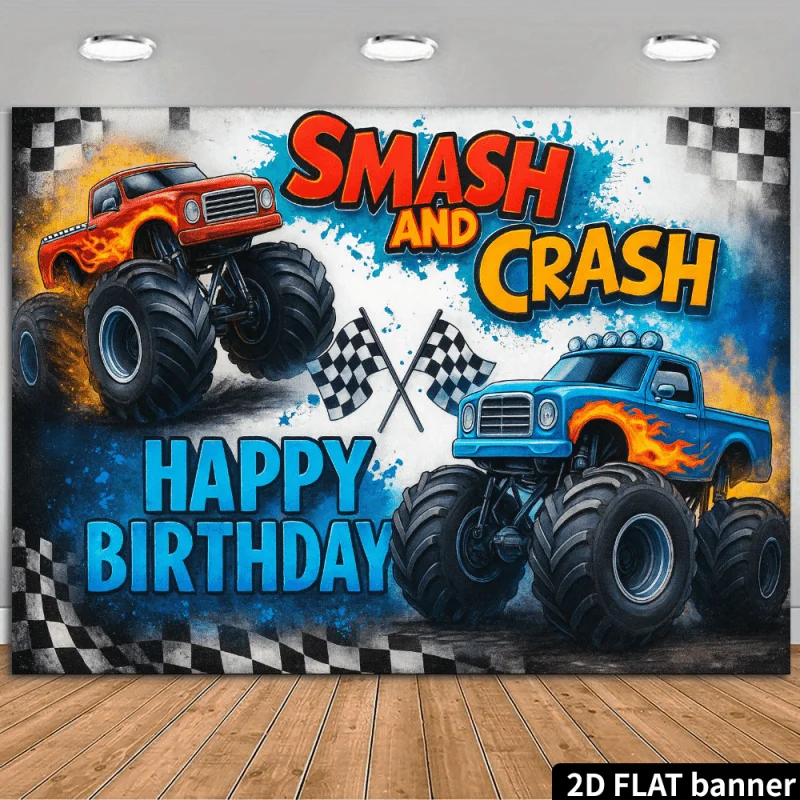 Bannière d'anniversaire Impact Monster Truck, drapeau géant de course et décorations « Impact/Anniversaire Joyeux » - Thème course automobile