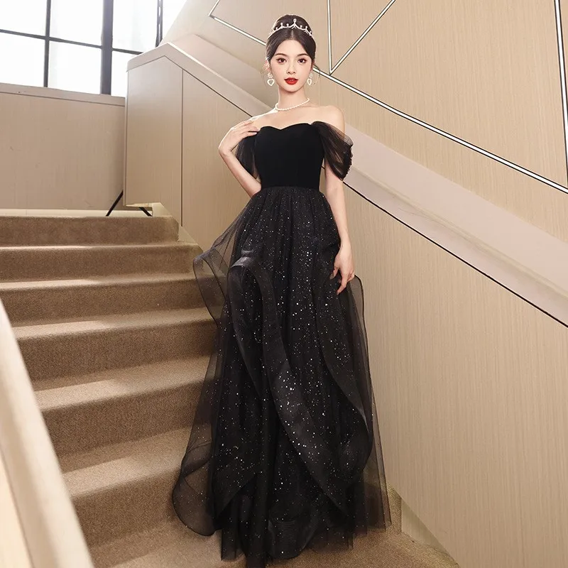 Black New Style Small Temperament Slimming Banquet Host Light Luxury Minority Dress Female