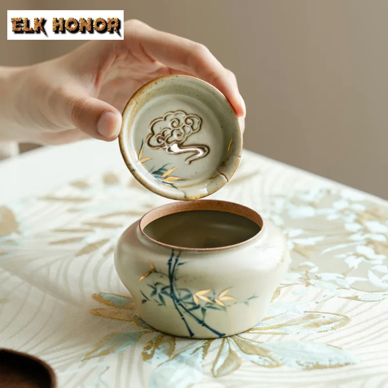 130ML Antique Gold Drawing Tea Wash Bowl Pure Hand Drawn Green Bamboo Jianshui Tea Residue Barrel Household Chaxi Decoration