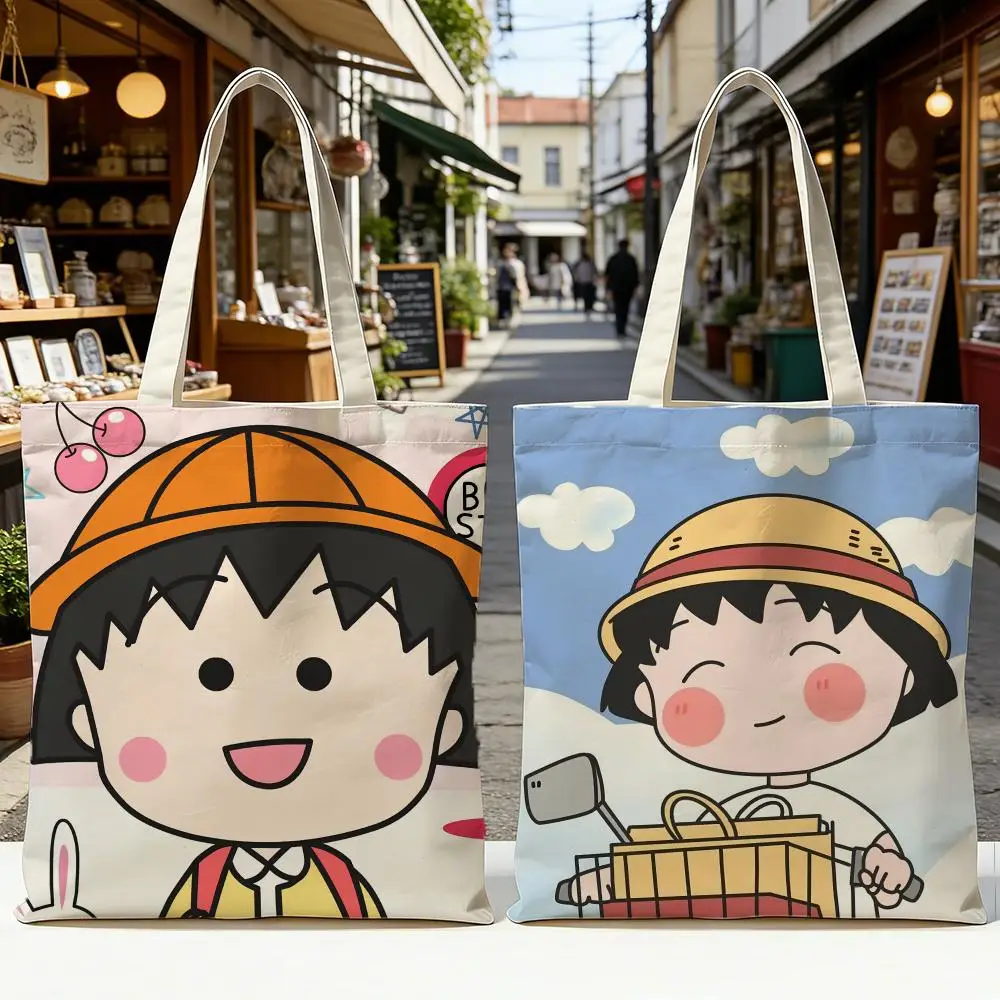 Anime C-Chibi M-Maruko-chan Storage Bags Washable Reversible Shopping Bag with White Handles, for Daily School & Market Use