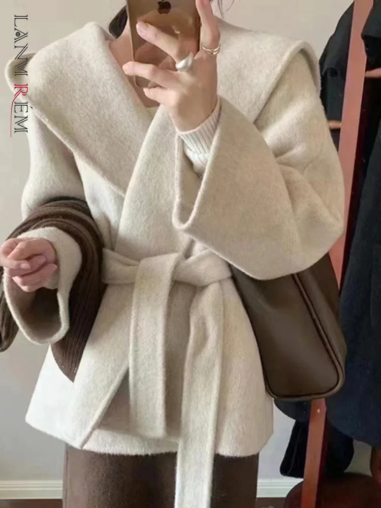 

LANMREM Office Lady Double Sided Woolen Coats Women's Hooded Solid Color Lace-up Gathered Waist Short Coats 2024 New 2Z2347