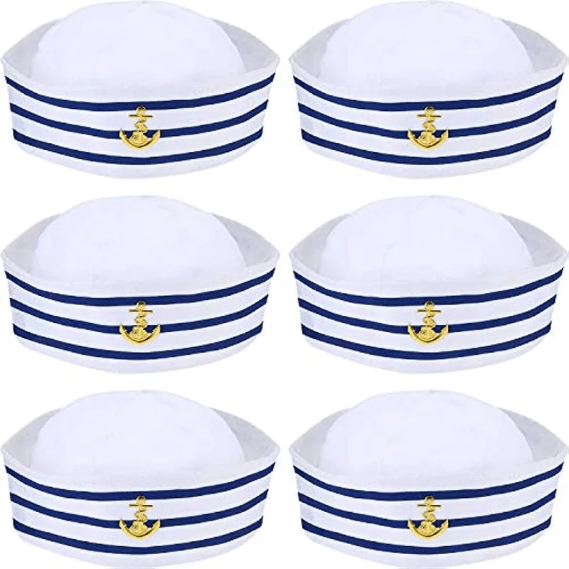 Blue striped sailor hat white striped sailor navy hat captain role-playing party yacht party hats,6-piece set