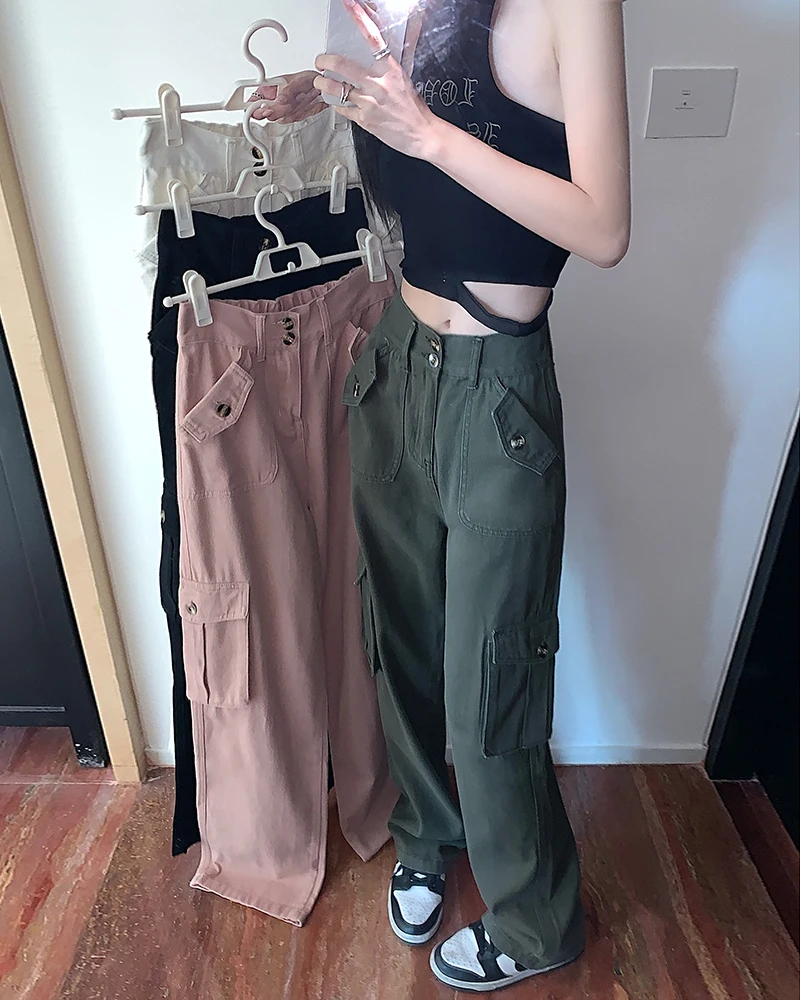 

Retro Multi-pocket Overalls Summer 2023 New High Waist Straight Wide Leg Pants Trousers For Women Clothing bd416