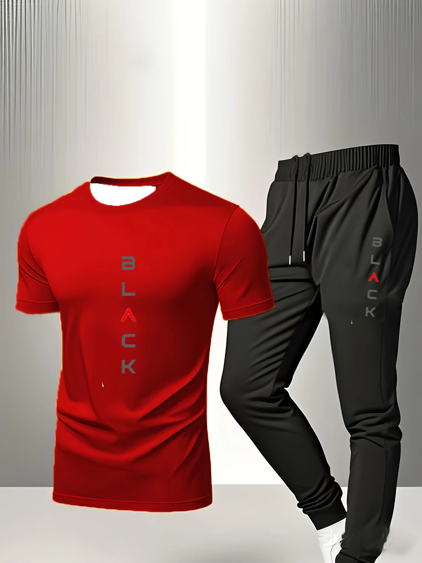 2026 spring/summer clothing featuring letter patterns, consisting of a short-sleeved shirt and long pants.