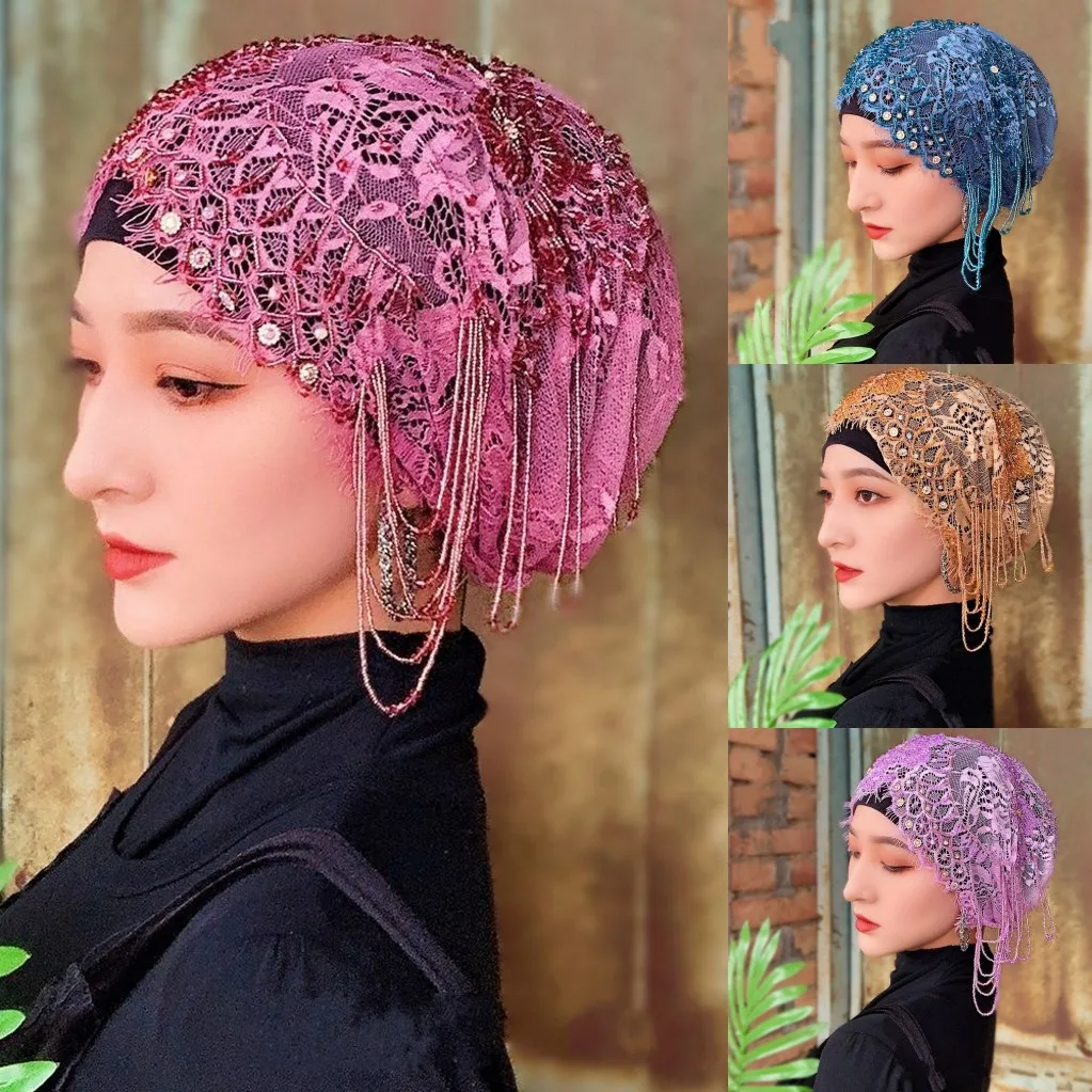 Breathable Lace Beading Turban Hat Muslim Women Headscarf Bonnet  Inner Hijab