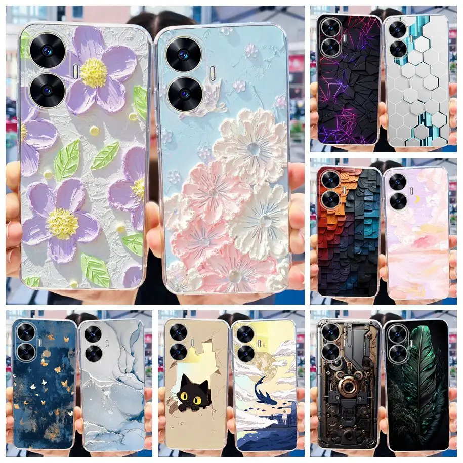 For Realme C55 4G Case Fashion Flower Shockproof Clear Silicone Cover For OPPO Realme C55 C 55 Funda on RealmeC55 RMX3710 Bumper