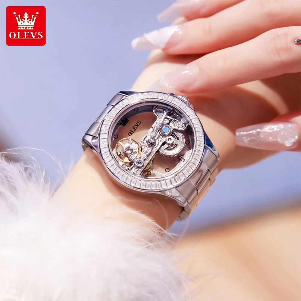 OLEVS 6699 Women's Wristwatch Fully Transparent Hollow 40mm Big Dial Diamond Bezel Luxury Automatic Mechanical Watch for Lady