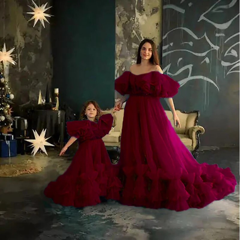 

New Arrival Fluffy Tulle Dresses Ruffles With Train Plus Size For Photo Shoot Mom and Daughter Tulle Evening Dress