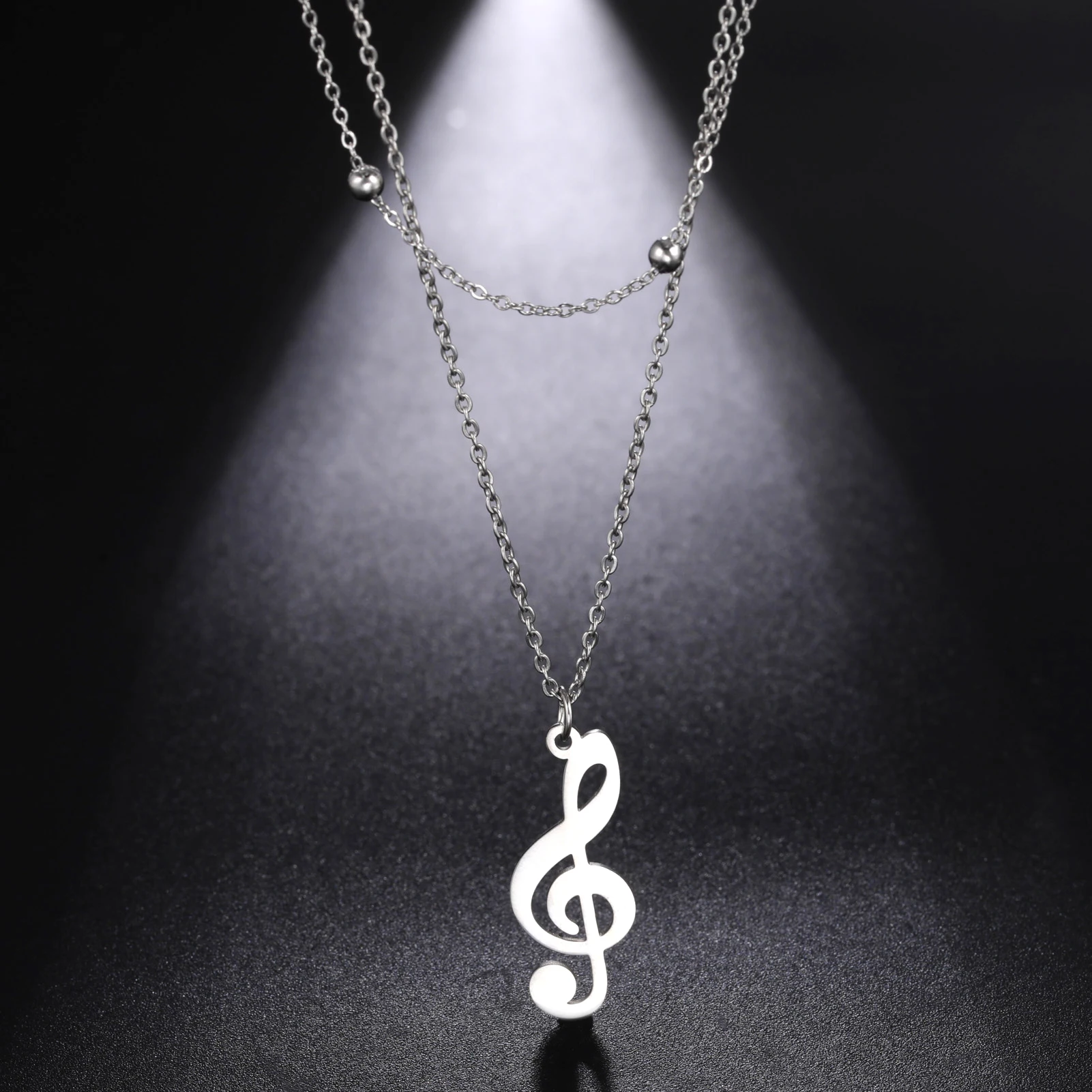 Openwork Music Symbols Pendant Necklace New Fashion Stainless Steel Double Layer Chain Necklace for Women Birthday Gifts