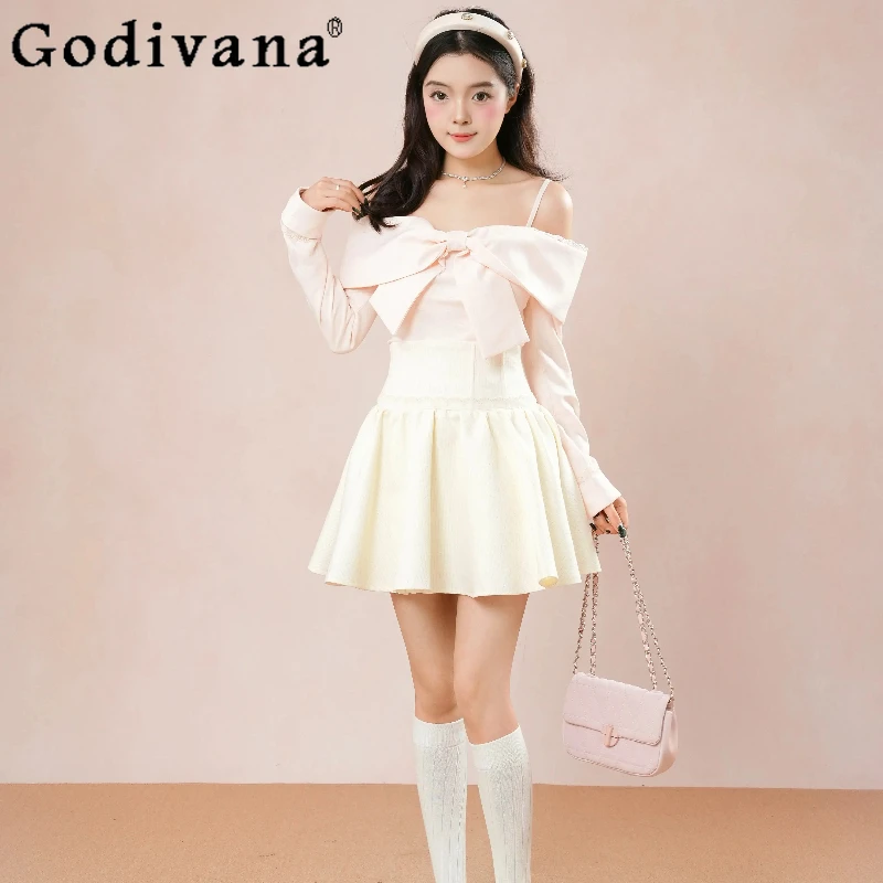 

Autumn French Gentle Lolita Outfits Women Sweet Off Shoulder Bow Shirt Waist Cinching Skirt Suits Female Japanese Lolita Set
