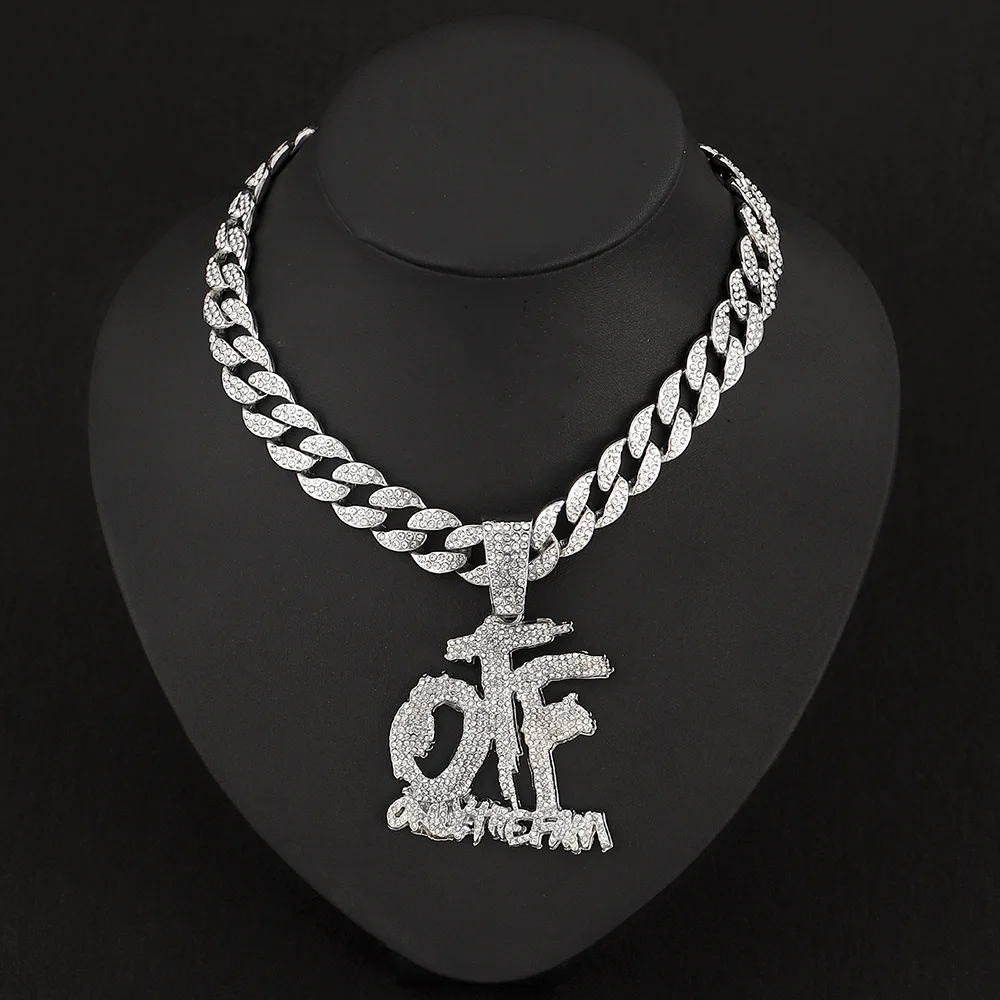 Men's and women's hip-hop OTF letter pendant necklace, shiny rhinestone Cuban chain rap rock jewelry