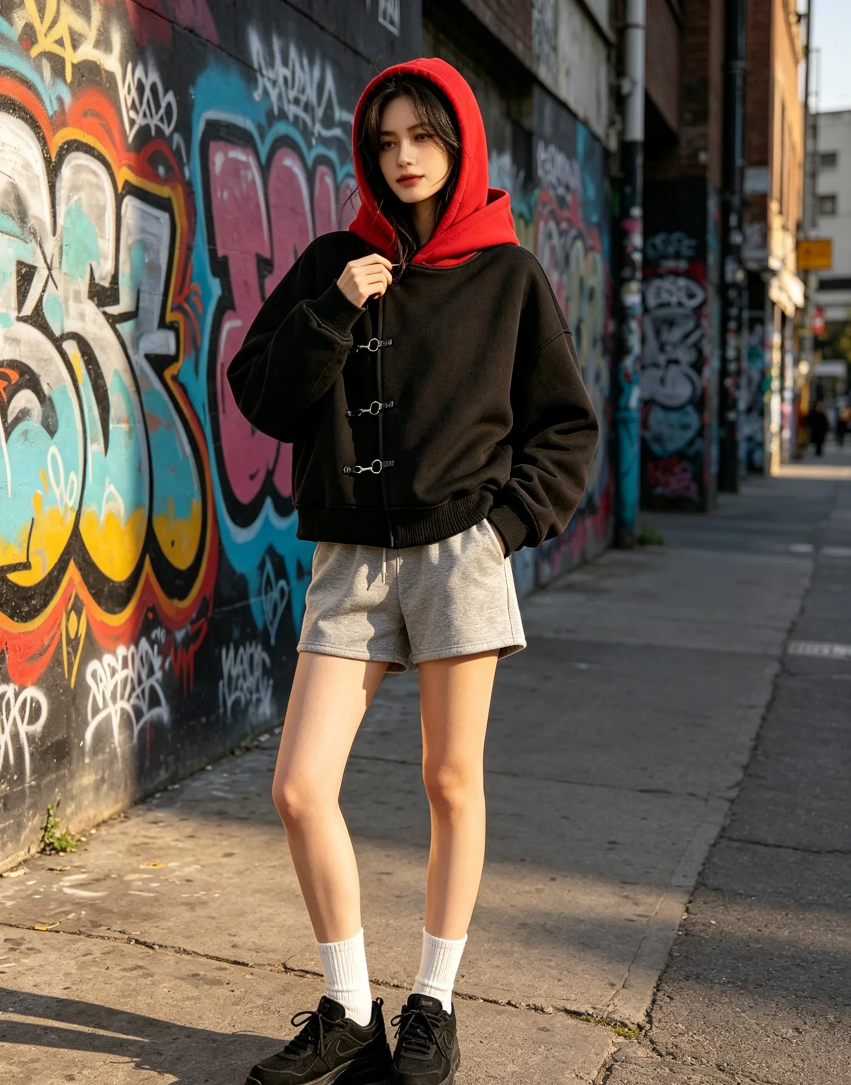 Kontrastroter Kapuzenpullover mit asymmetrischer Schnalle und Reißverschluss, Unisex, Oversized, Gothic Streetwear, lässige Kapuzenjacke – Detail 4