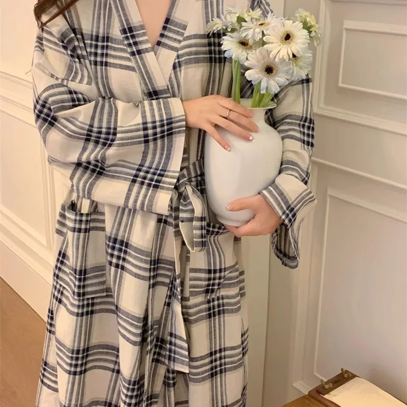 Japanese Nightgown Girl Spring and Autumn New Long-sleeved Simple Casual Bathrobe Long Loose