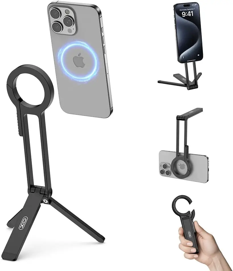 Magnetic Phone Tripod Stand for iPhone, Adjustable Foldable Mini Tripod with Strong Magnet, Compatible with iPhone 17/16/15/14/1