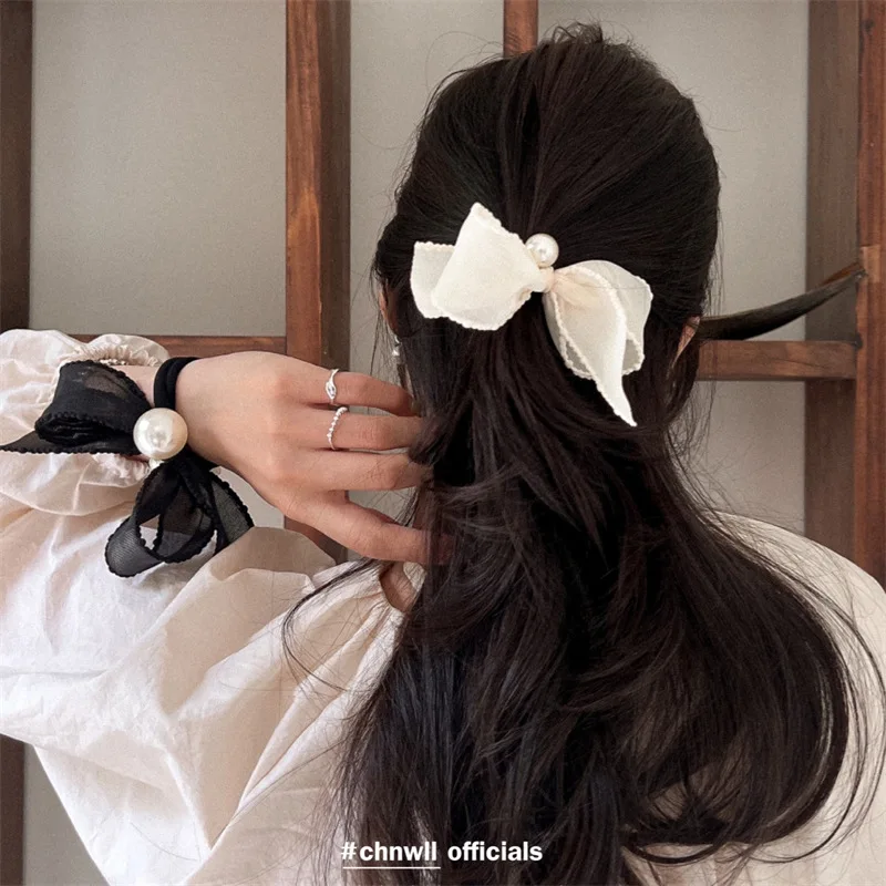 French Girl Fabric Pearl Bow Hair Rope Sweet Tied-up Hair High Elastic Headband Hair Ring Headdress Hair Accessories New