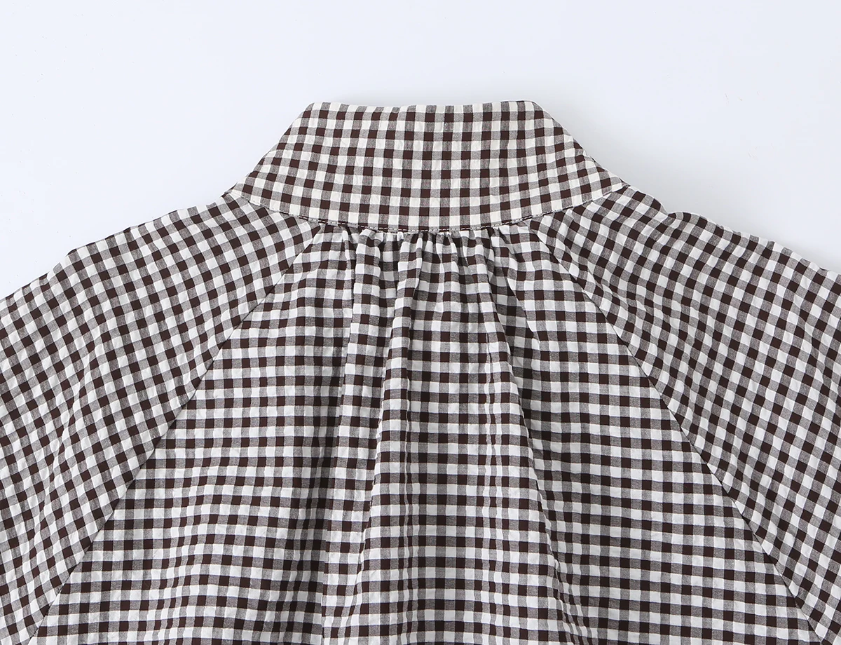 BSAY New Ladies Cropped Gingham Plaid Outerwear Stand Collar Long Puff Sleeve Button Up Drawstring Hem Casual Loose Check Jacket