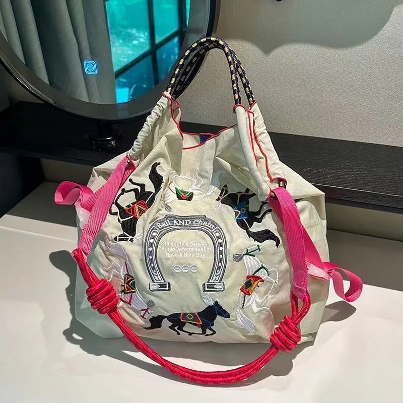 Embroidery Niche Ball Chain Environmental Protection Shopping Bag Large Capacity Shoulder Bags Women Lightweight Crossbody Bag