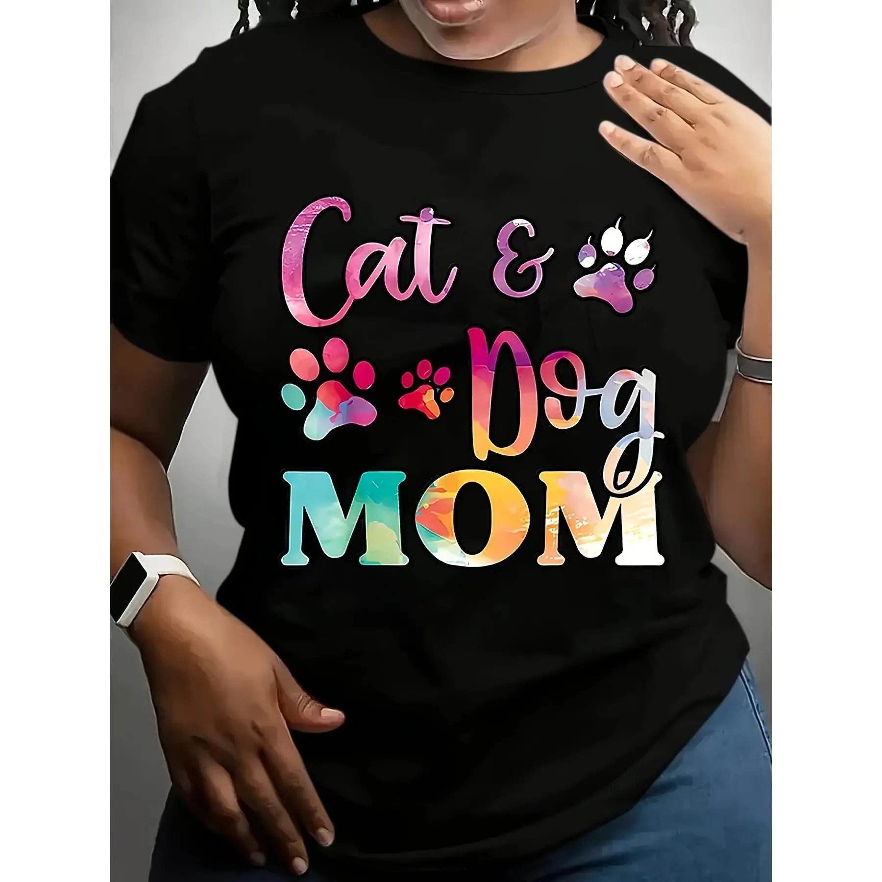 

Women’s Graphic Tee Cat & Dog Mom T-Shirt S-3XL Plus Size Cute Paw Print Loose Fit Summer Casual Top Pet Lover Gift Idea