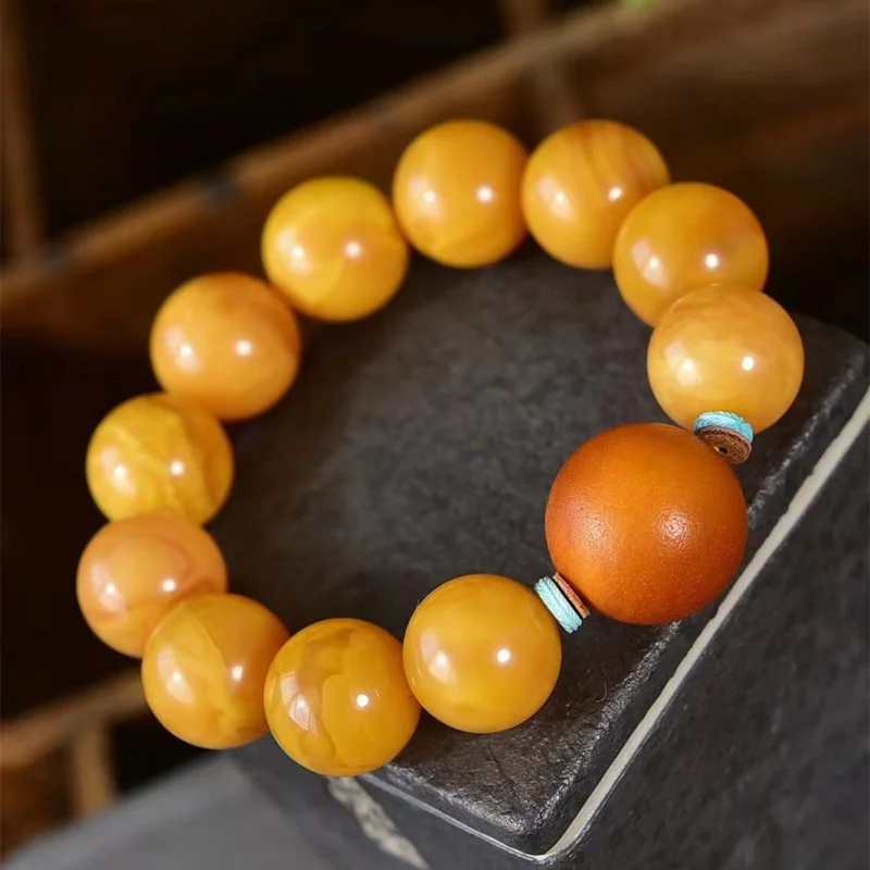 Natural Backflow Old Flower Yellow Chicken Grease Single Circle Bracelet Demon Pattern Beeswax Amber