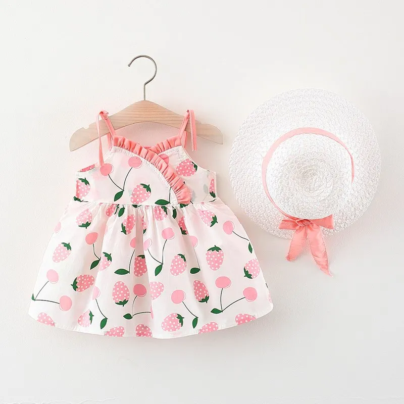 2Piece Summer Toddler Girl Clothes Korean Cute Strawberry Cherry Print Sleeveless Cotton Baby Dresses+Sunhat Kids Dress BC158