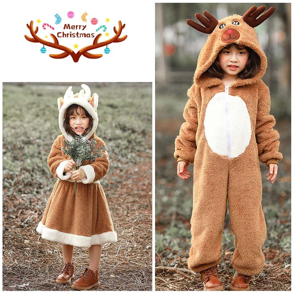 

Christmas Family Pajamas Matching Sets Kids Reindeer Costume Plush Coral Fleece Homewear Halloween Clothes For Child