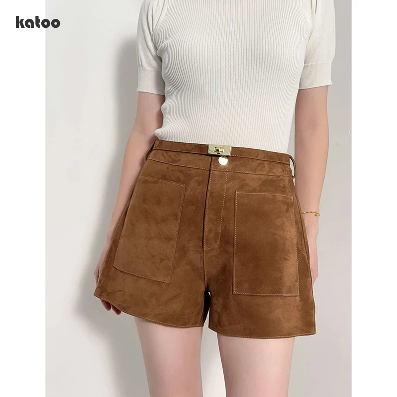 

2026 High Quality Genuine Kid Suede Sheepskin Shorts Spring Summer Women Coffee Retro Fashion Casual Short Leather Pants Sashes