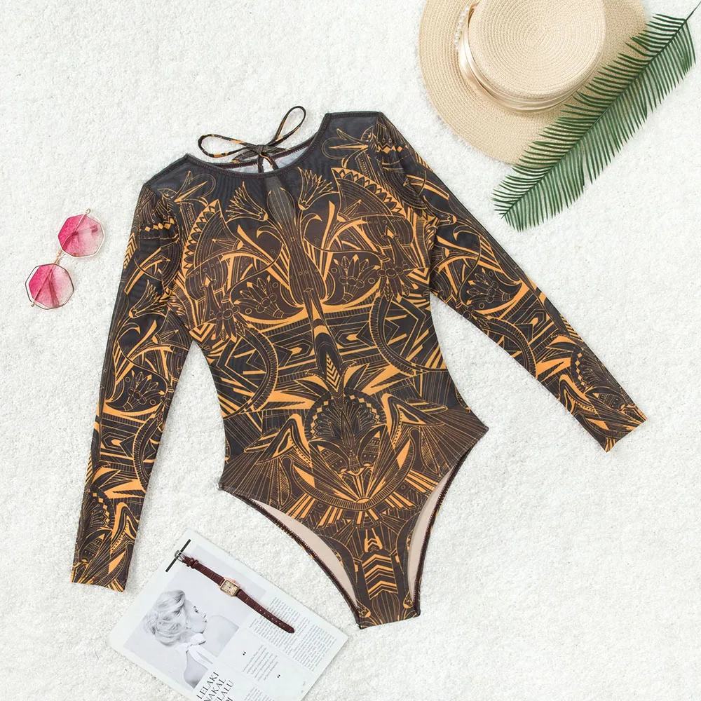 ผู้หญิง Retro พิมพ์ Scoop คอแขนยาว One Piece ชุดว่ายน้ํา High Cut ชุดว่ายน้ําชุดว่ายน้ําชุดว่ายน้ํา