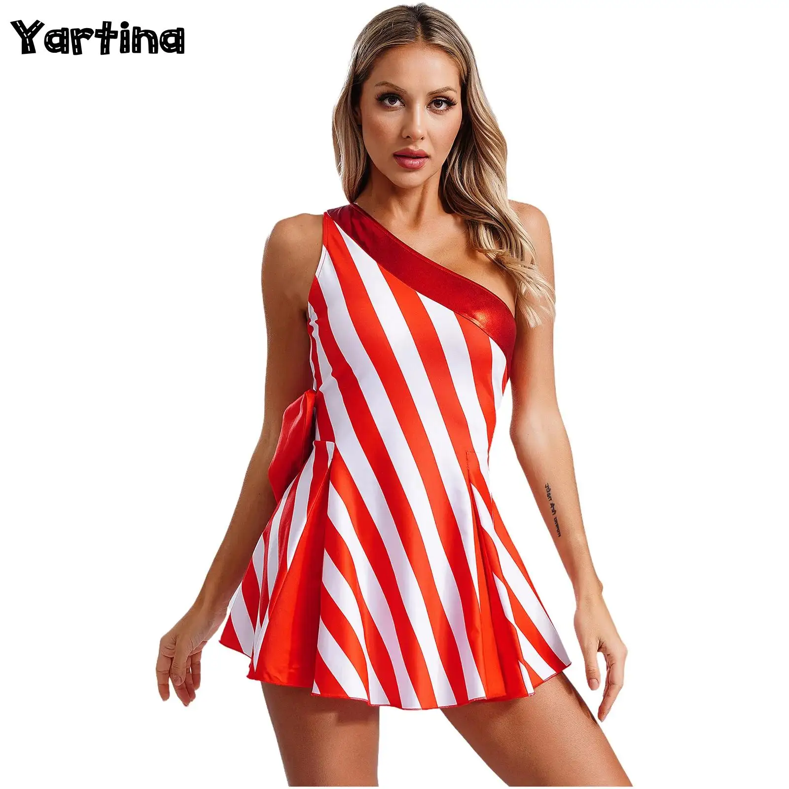 

Women Christmas Xmas Miss Santa New Year Cosplay Costume Single Shoulder A-line Dress Bow Knot Stripes Candy Cane Dance Dress