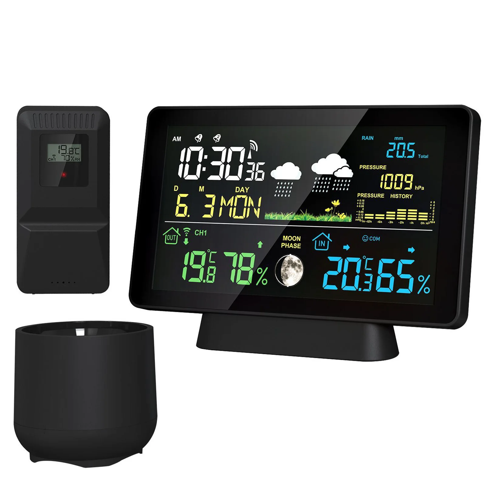Wireless Weather Station 8-in-1 Indoor/Outdoor Thermometer Temperature Display Rain Gauge Digital Clock 7.5-inch Touchscreen