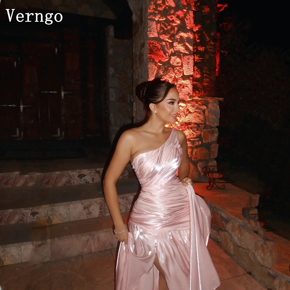 Verngo Pink Shiny Evening Dress One Shoulder A Line Pleated Formal Occasion Dresses Night Prom Party Gowns Arabic Customized