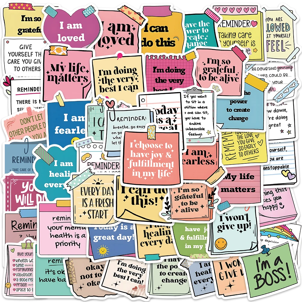 50PCS Self affirmation and motivational labels stickers Cartoon graffiti Guitar Fridge DIY Handwritter account text stickers