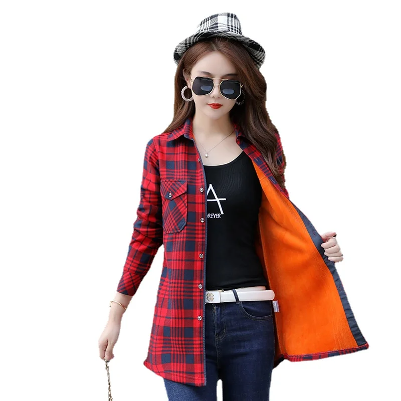 

Oversized Velvet Long Blouse Thick Warm Women's Plaid Shirt Female Long Sleeve Fleece Top Winter Blouse Blusas Femininas Chemise