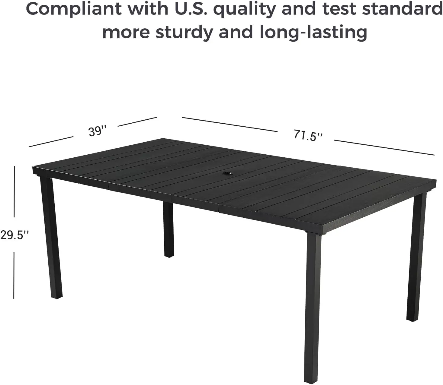 Outdoor Dining Table 71.5 X 39 Rectangular Patio Table Embossed Woodgrain 1.5 Market Umbrella Hole Garden Lawn Backyard Black