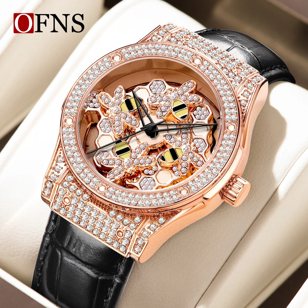 

OFNS Brand 1605 Women's Quartz Watch Luxury Diamond Rotating Dial Creative Leisure Waterproof Fashion Women's Elegant Watch