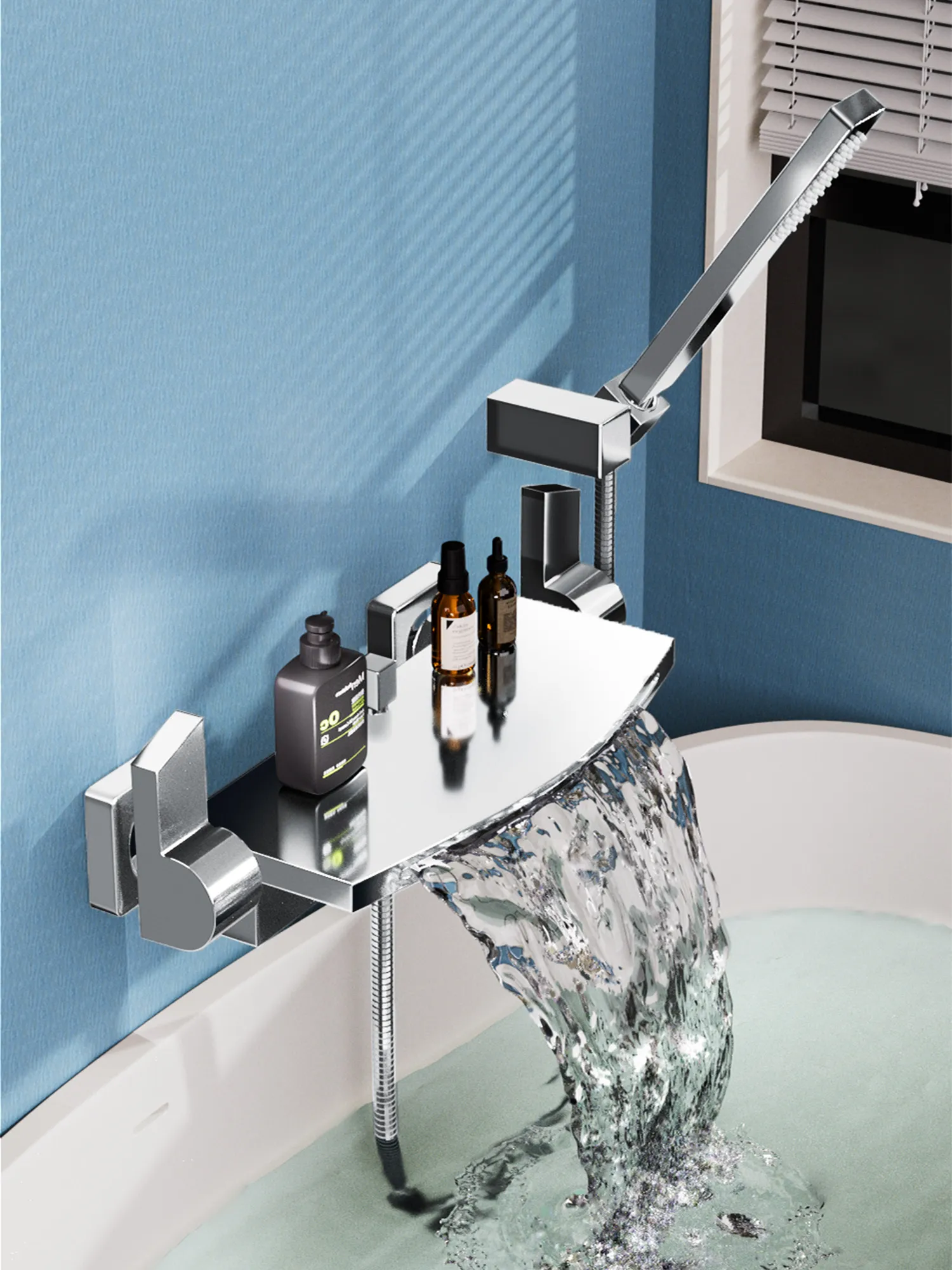 Bathtub-specific faucet - In-wall full copper waterfall wall outlet cold and hot bathtub shower faucet