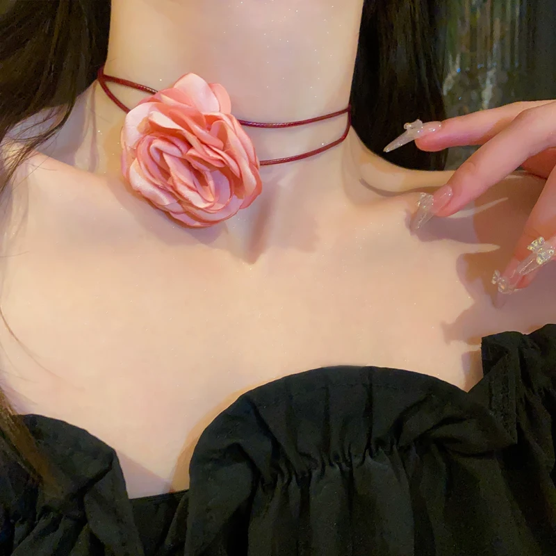 Romantic Pink Rose Flower Choker Adjustable Long Rope Women's Necklace on the Neck Free Shipping Summer Accessories