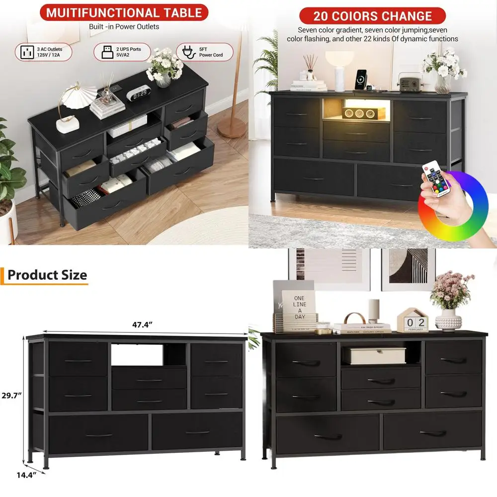 

55 TV Stand with 8-Drawer Storage, Entertainment Center, RGB Lighting, Black
