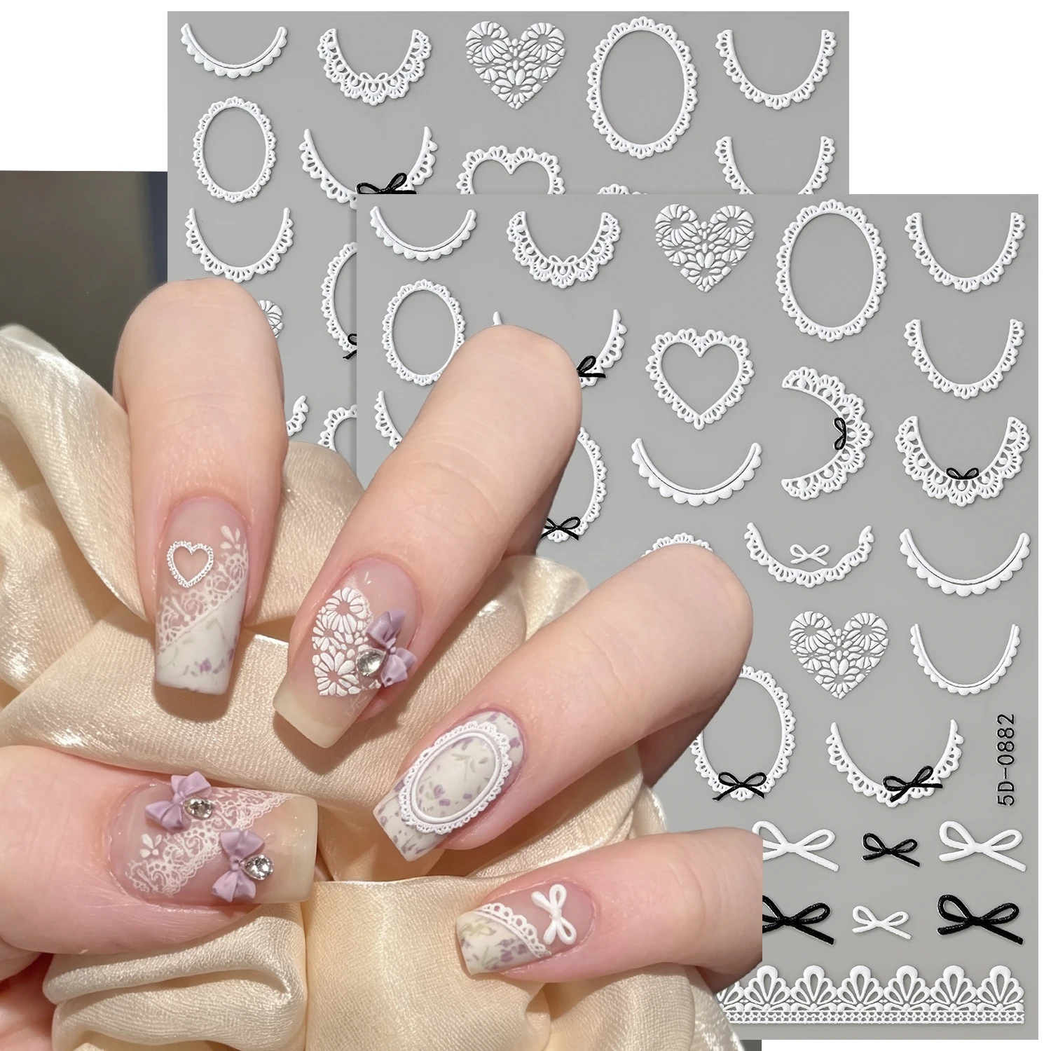 1PCS 5D Embossed Lace Nail Stickers White Hollow Lace Frame & Black Bowknot Heart Nail Decals Daily Wear DIY Manicure Supplies *
