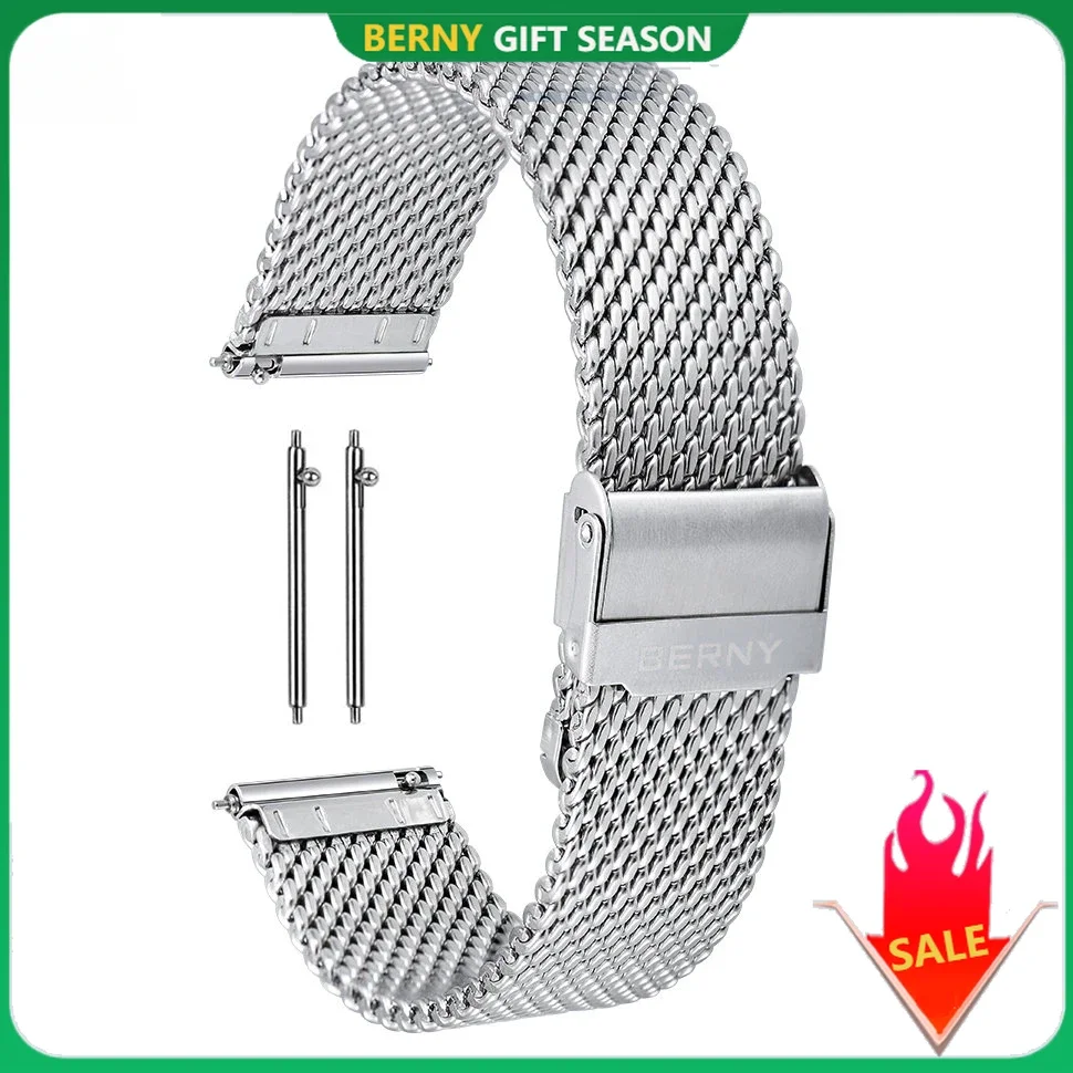 BERNY 18/20/22mm Watch strap Stainless Steel Mesh Strap Rough Woven Grain Watch replace Band Skin Breathable Watch Accessories