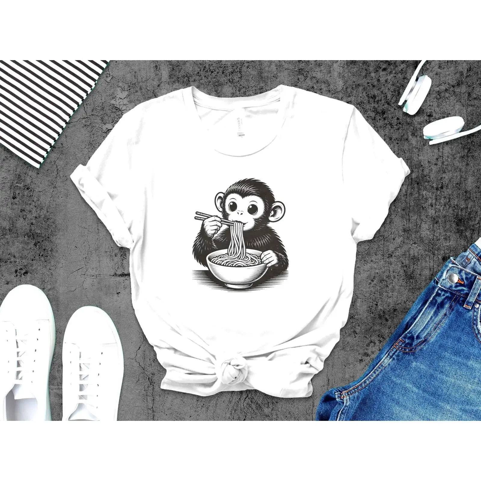 Monkey Noodle T Shirt Ramen Food For Lover Cute Birthday Kawaii Present vintage Washed Unisex fashion Breathable homme Stylish