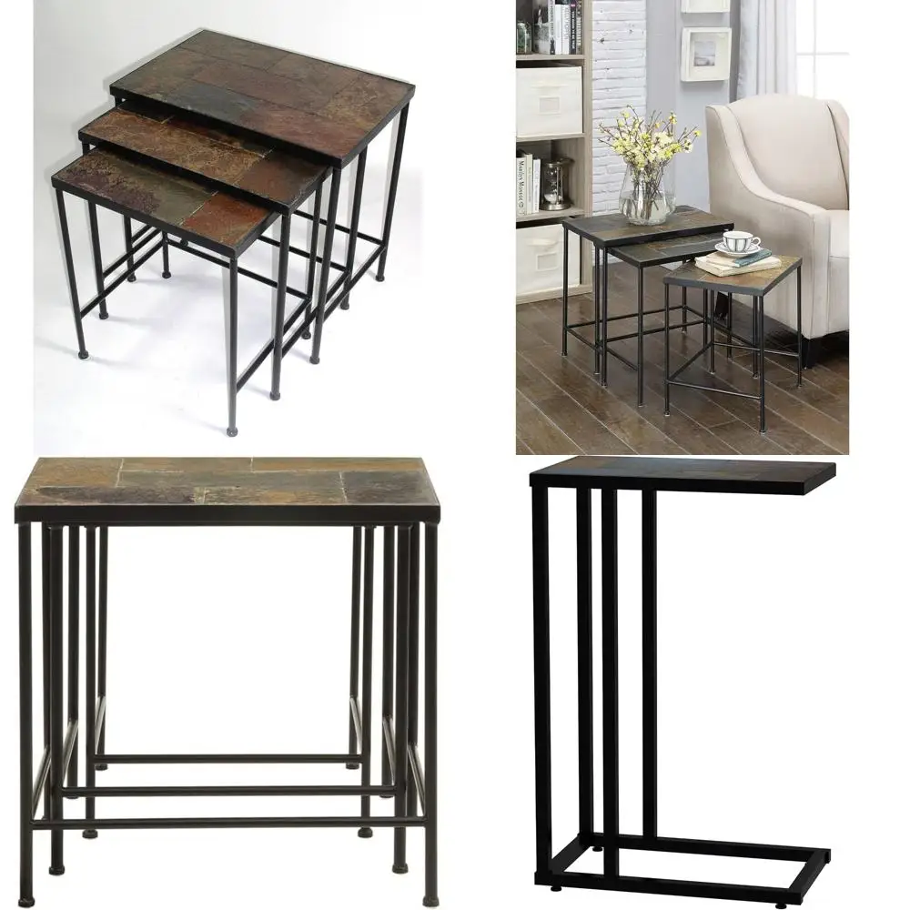 Set of 3 Zhongma Nesting Tables with Slate Tops, Solid Stone End Tables, Side and Accent Tables