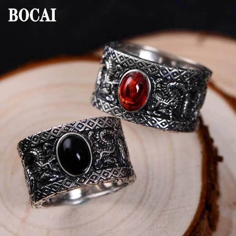 BOCAI S925 plata Retro con incrustaciones de granate/nyx negro doble dragón jugando con cuentas versión amplia del anillo de hombre dominante