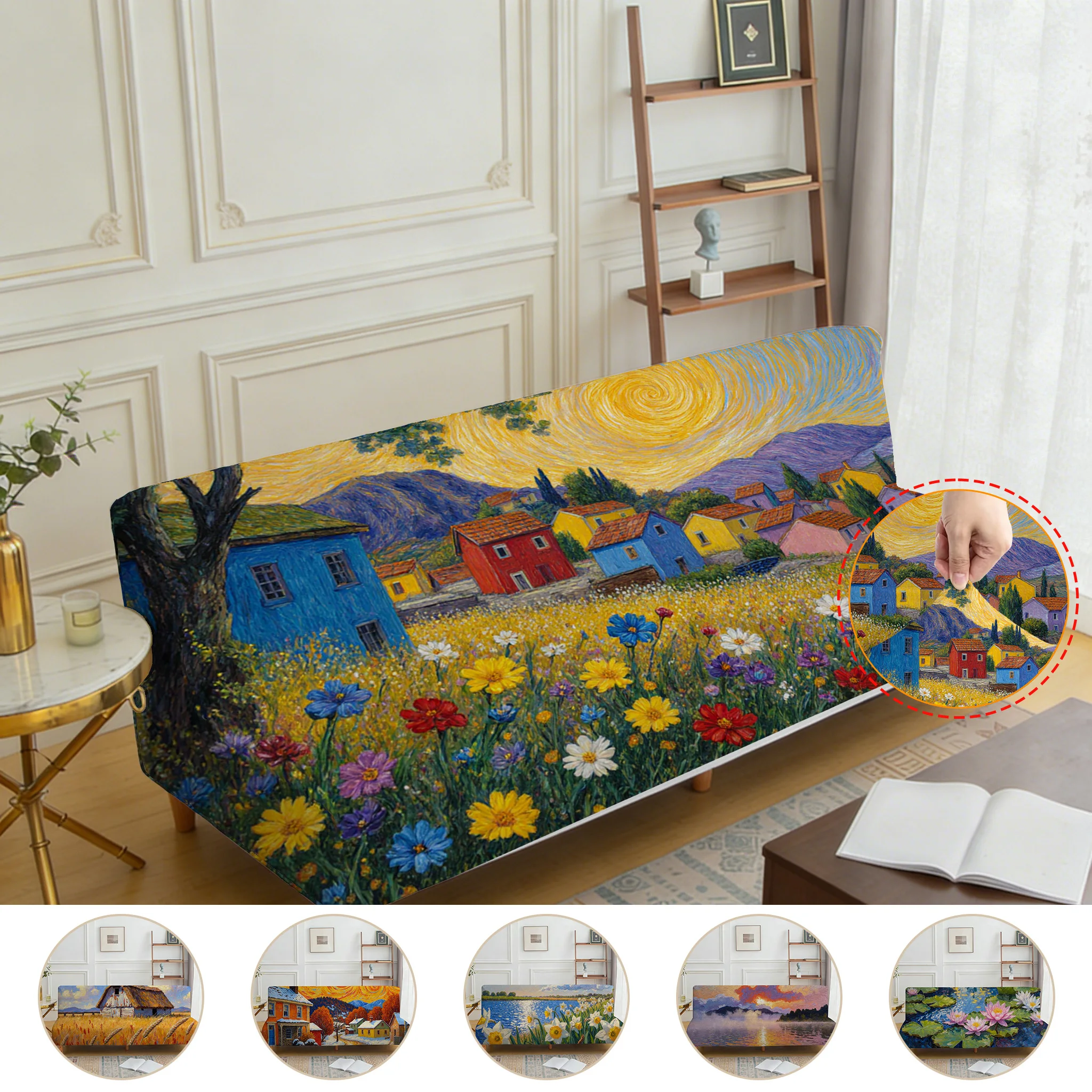 Armrest-free elastic printed sofa bed cover, living room home decoration, American rural landscape oil painting pattern