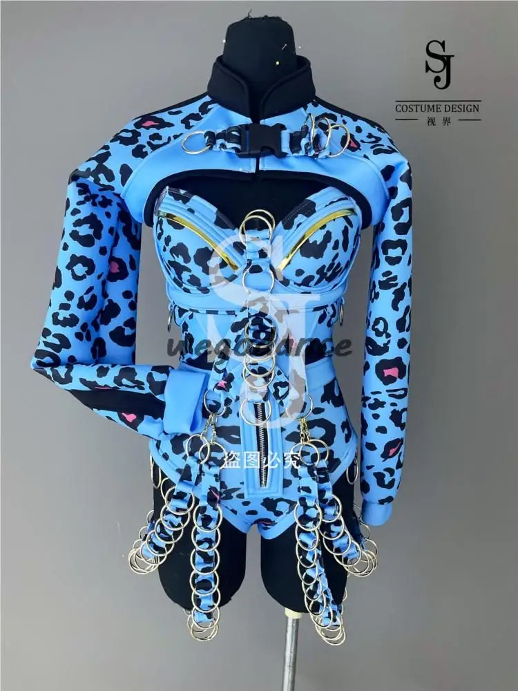 New Sexy Blue Leopard body Woman Singer Performance Costume