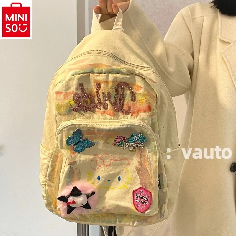 

MINISO Hello Kitty Colorful Graffiti Canvas Cute Girl Hot Diamond Book Bag Simple and Sweet Versatile Children's Backpack