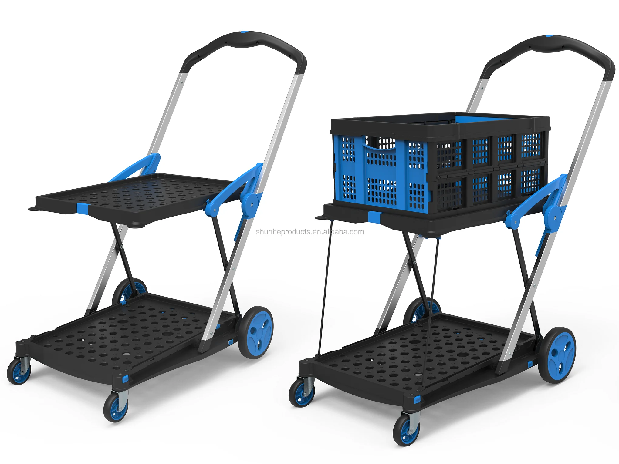Commercial Grade Double Layer Folding Cart PP Material Four-Wheel Structure Platform Removable Baskets Wheels